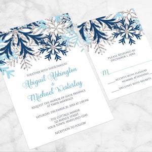 Snowflake Winter Wedding Invitations, Navy Aqua Blue Silver design on White Printed image 3