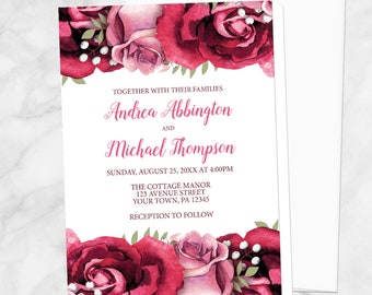 Burgundy Rose Wedding Invitations, rustic floral burgundy pink rose, summer wedding invites - Printed Invitations
