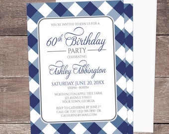 Navy Blue Gingham Birthday Party Invitations, blue and white gingham pattern, check pattern, Any Age or Milestone - Printed