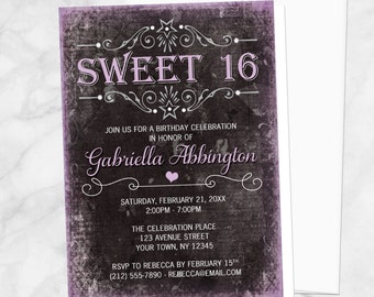 Black Grunge Purple Sweet 16 Invitations - Girls Sweet Sixteen Party - Printed Invitations
