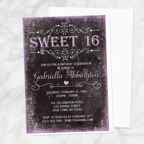 Black Grunge Purple Sweet 16 Invitations - Girls Sweet Sixteen Party - Printed Invitations Il_570xn