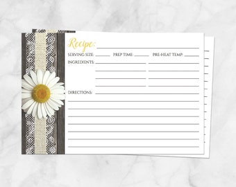 Daisy Recipe Cards, Burlap and Lace Rustic Wood, double-sided - 4x6 Printed Recipe Cards