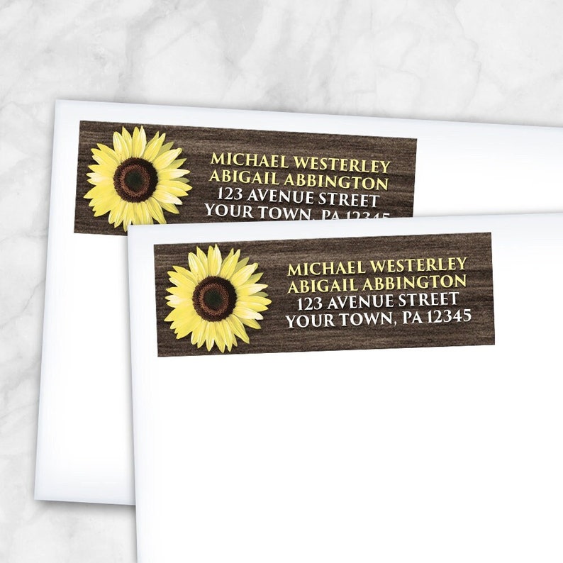Sunflower Wood Address Labels, rustic floral yellow brown Printed Labels image 1