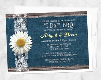 I Do BBQ Couples Shower Invitations - Daisy Blue Denim and Lace, Rustic Wood with Yellow, BBQ Shower Invites - Printed I Do BBQ Invitations