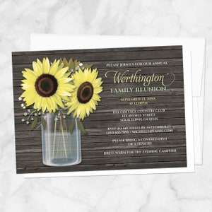 Sunflower Mason Jar Family Reunion Invitations, rustic wood with sunflowers - Printed