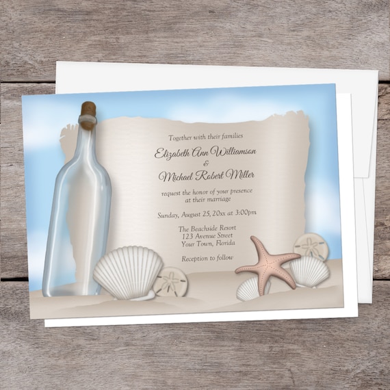 Beach Wedding Invitations Message From A Bottle Theme Seashells