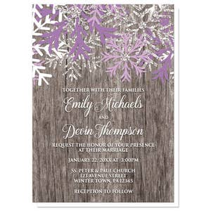 Rustic Winter Wedding Invitations Purple Snowflake design over Country Wood Printed Invitations image 2