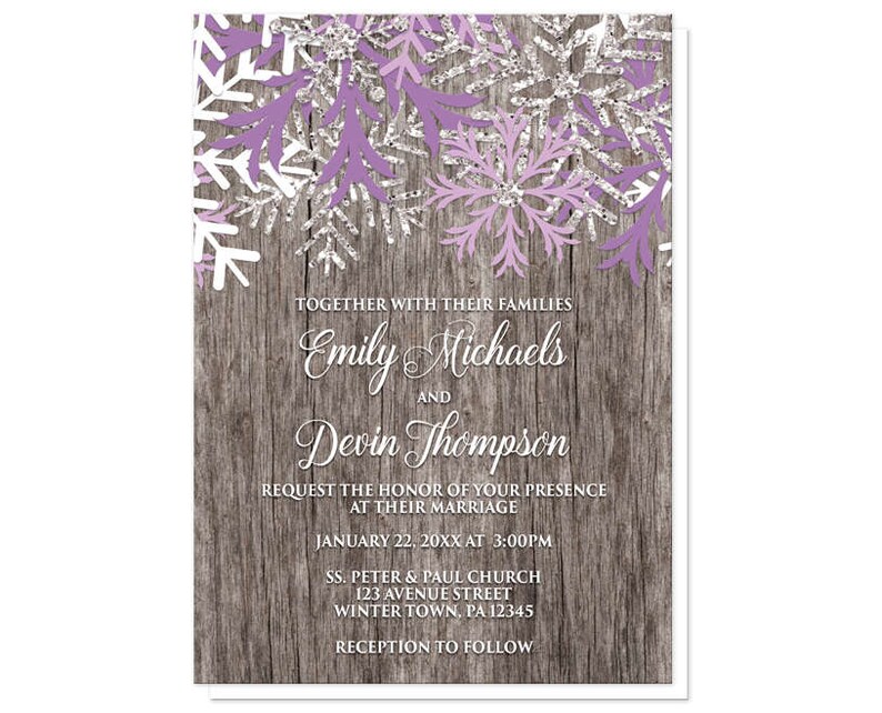 Rustic Winter Wedding Invitations Purple Snowflake design over Country Wood Printed Invitations image 2