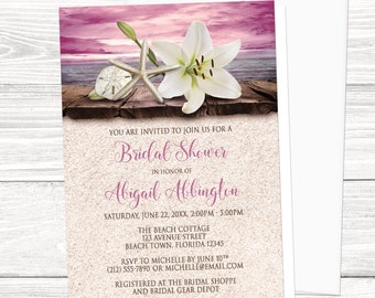 Beach Bridal Shower Invitations - Lily Seashells and Sand Magenta Plum Pink Purple - Tropical Shower, Seaside - Printed Beach Invitations