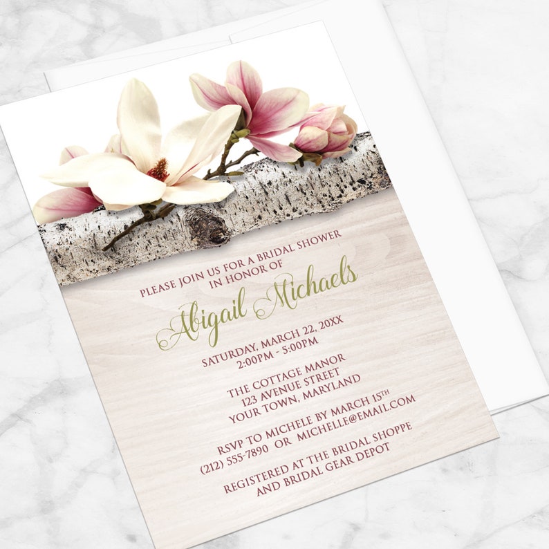 Magnolia Bridal Shower Invitations, Birch Light Wood Floral, magnolia shower invites Printed image 2