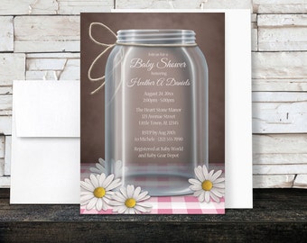 Mason Jar Baby Shower Invitations Girl or Boy - Rustic Country Gingham pattern and Floral Daisy design over Brown - Printed Invitations