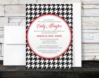 Houndstooth Bridal Shower Invitations - Black and Red Stylish and Classic Dogtooth Pattern design - Printed Invitations