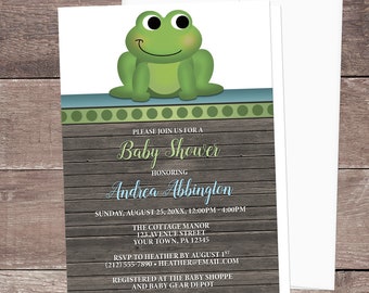 Frog Baby Shower Invitations Rustic Wood, cute blue green frog shower invites - Printed