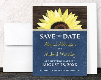 Sunflower Save the Date Cards, Rustic Sunflower Blue, yellow floral with blue and rustic wood - Printed