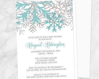 Winter Baby Shower Invitations, Teal and Silver Snowflake design - Printed