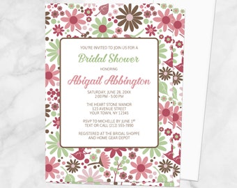 Summer Bridal Shower Invitations, green berry pink brown flowers, floral invites - Printed