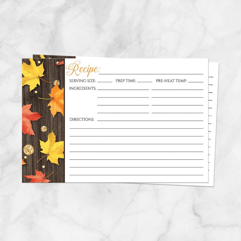 Autumn Recipe Cards, Falling Leaves with Gold, rustic wood glitter-illustrated design fall, double-sided 4x6 Printed Recipe Cards image 1