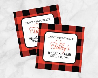 Buffalo Plaid Thank You Stickers, red black check pattern, bridal shower wedding or other, favor stickers - Printed
