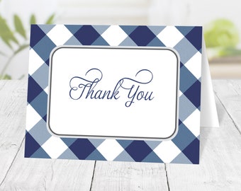 Navy Blue Gingham Thank You Cards, check pattern in blue and white - Printed Thank You Cards