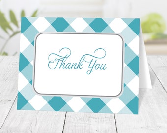 Turquoise Gingham Thank You Cards, check pattern in turquoise and white - Printed Thank You Cards