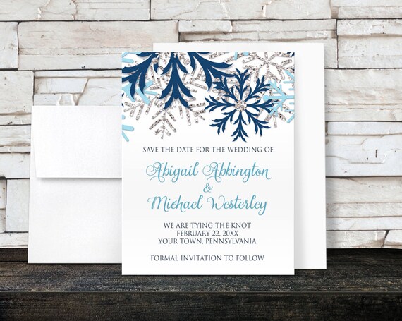 Winter Save the Date Cards Printed Cards Blue Silver Snowflake design on White
