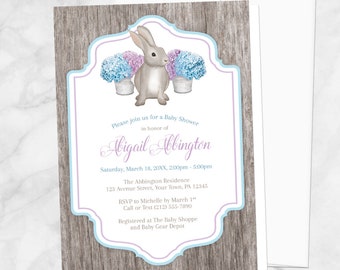 Rustic Rabbit Baby Shower Invitations - purple blue hydrangea, rustic wood, watercolor inspired - Printed