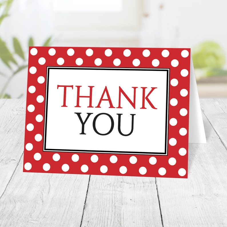 Red Polka Dot Thank You Cards, black white Printed image 1
