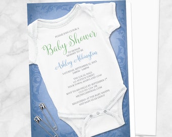 Bodysuit Baby Shower Invitations Boy - Design in Blue with Infant Bodysuit and Safety Pins - Printed Invitations