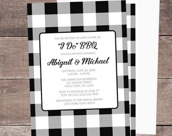 I Do BBQ Buffalo Plaid Couples Shower Invitations, black white check pattern - Printed