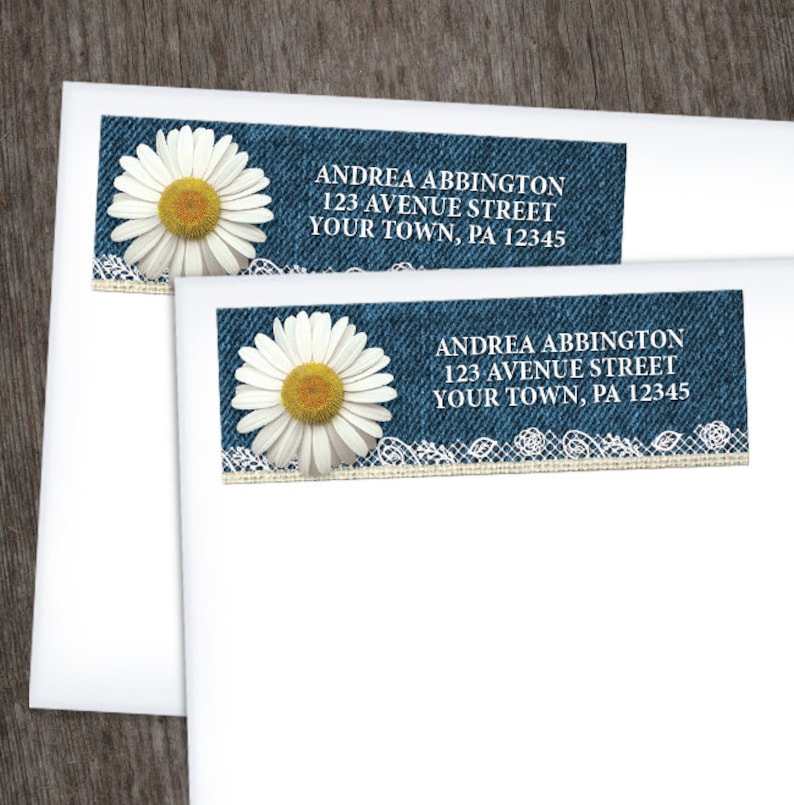 Yellow White and Beige with Rustic Blue Denim Burlap and Lace Daisy Address Labels Printed Address Labels