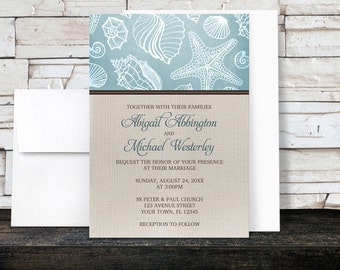 Beach Linen Wedding Invitations - Rustic Blue Seashell pattern with Brown and Beige Linen design - Printed