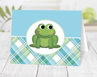 Frog Note Cards, Green Blue Plaid Pattern, Thank You Cards - Printed Frog Cards