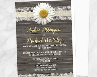 Daisy Reception Only Invitations, Burlap and Lace Rustic Wood, post-wedding reception invitations - Printed