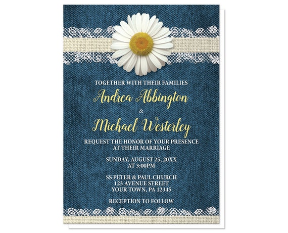 Yellow White and Beige with Rustic Blue Denim Burlap and Lace Daisy Address Labels Printed Address Labels