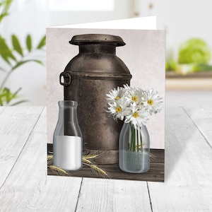Rustic Dairy Farm Note Cards, Country Antique Milk Can and Daisies, Thank You Cards Printed image 1