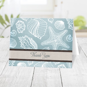 Rustic Beach Linen Thank You Cards, Seashell Pattern Turquoise Blue with Brown Printed image 1