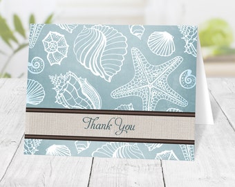 Rustic Beach Linen Thank You Cards, Seashell Pattern Turquoise Blue with Brown - Printed