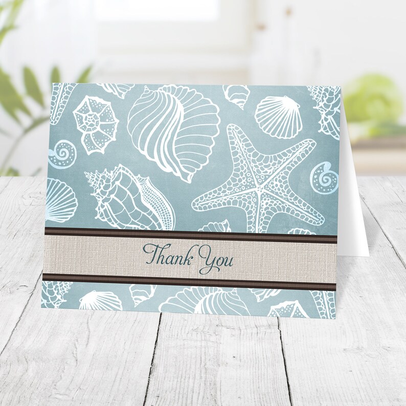 Rustic Beach Linen Thank You Cards, Seashell Pattern Turquoise Blue with Brown Printed image 1