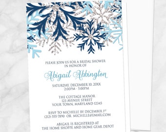 Winter Bridal Shower Invitations, Blue Silver Snowflake on white - Printed