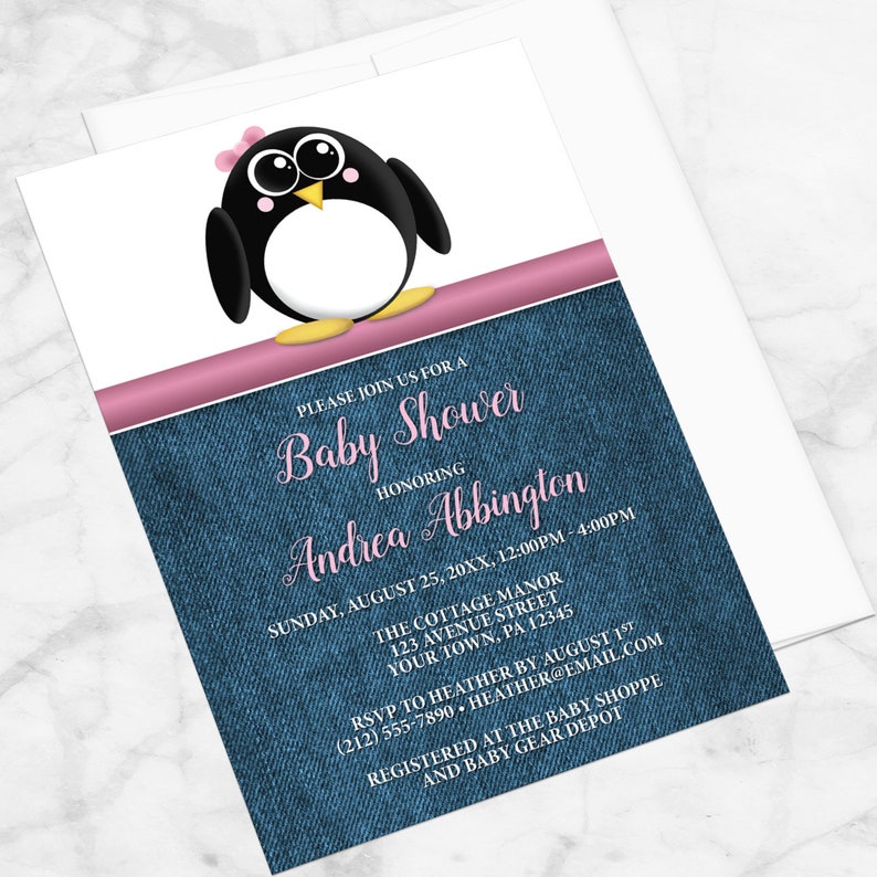 Penguin Baby Shower Invitations Girl Rustic Blue Denim With Etsy