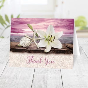 Beach Thank You Cards, Lily Seashells Sand Magenta, plum pink purple rustic wood dock, seaside water tropical Printed image 1