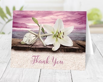 Beach Thank You Cards, Lily Seashells Sand Magenta, plum pink purple rustic wood dock, seaside water tropical - Printed