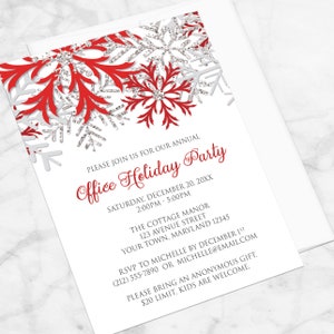 Holiday Party Invitations, Red Silver Snowflake design on white Christmas invitations Printed image 2