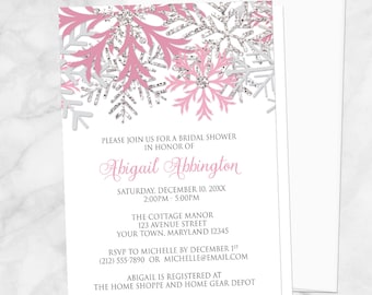 Winter Bridal Shower Invitations, Pink Silver Snowflakes on white, snowflake bridal shower, winter shower invites - Printed Invitations