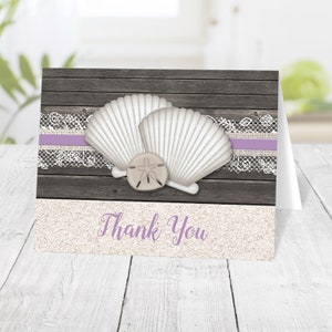 Purple Beach Thank You Cards, Seashells Lace Wood and Sand, rustic brown beige Printed image 1