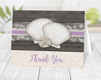 Purple Beach Thank You Cards, Seashells Lace Wood and Sand, rustic brown beige - Printed