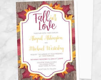 Fall in Love Wedding Invitations, rustic burgundy gold autumn wedding invites - Printed