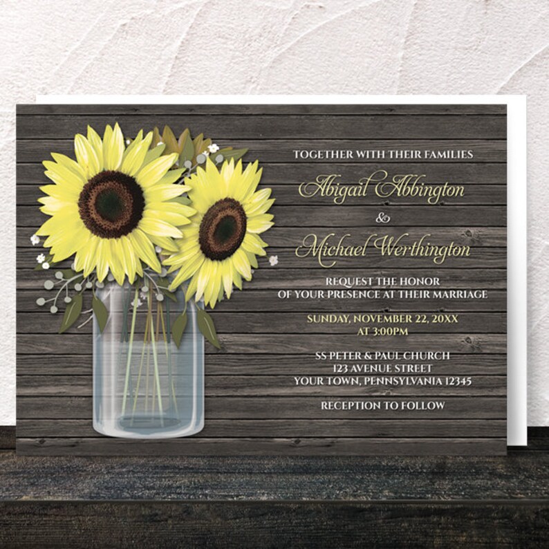 Rustic Sunflower Mason Jar Wedding Invitations, Country Yellow Floral Brown Wood - Printed Invites with Envelopes.