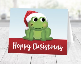Frog Hoppy Christmas Cards, cute Santa hat frog holiday cards with greeting - Printed