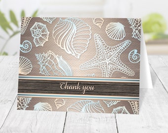 Rustic Beach Thank You Cards, Wood Seashell, folded - Printed